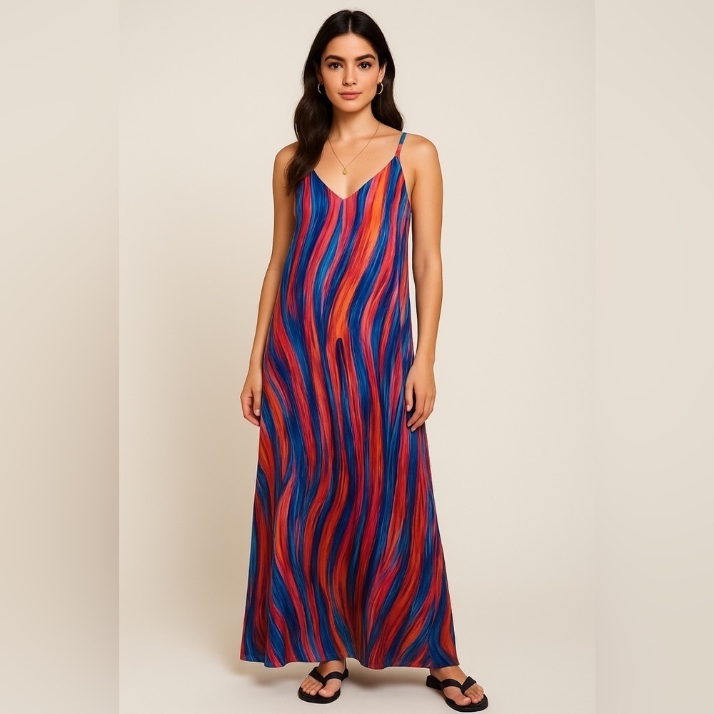 Nicole Miller Women’s Med Bright Maxi Dress Racerback Colorful Sleeveless Lined